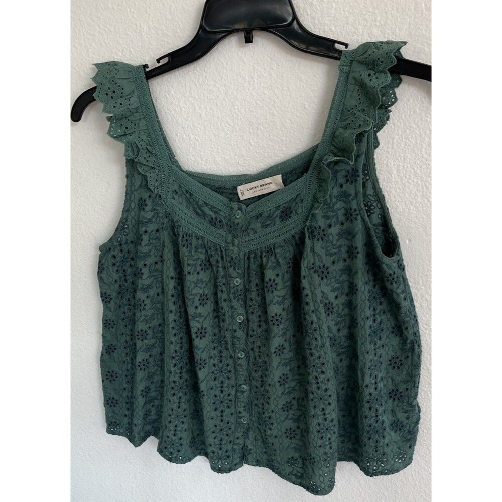 Lucky Brand Eyelet Lace Blouse Top Large Sage Green Cotton Cottagecore Boho - Picture 2 of 10